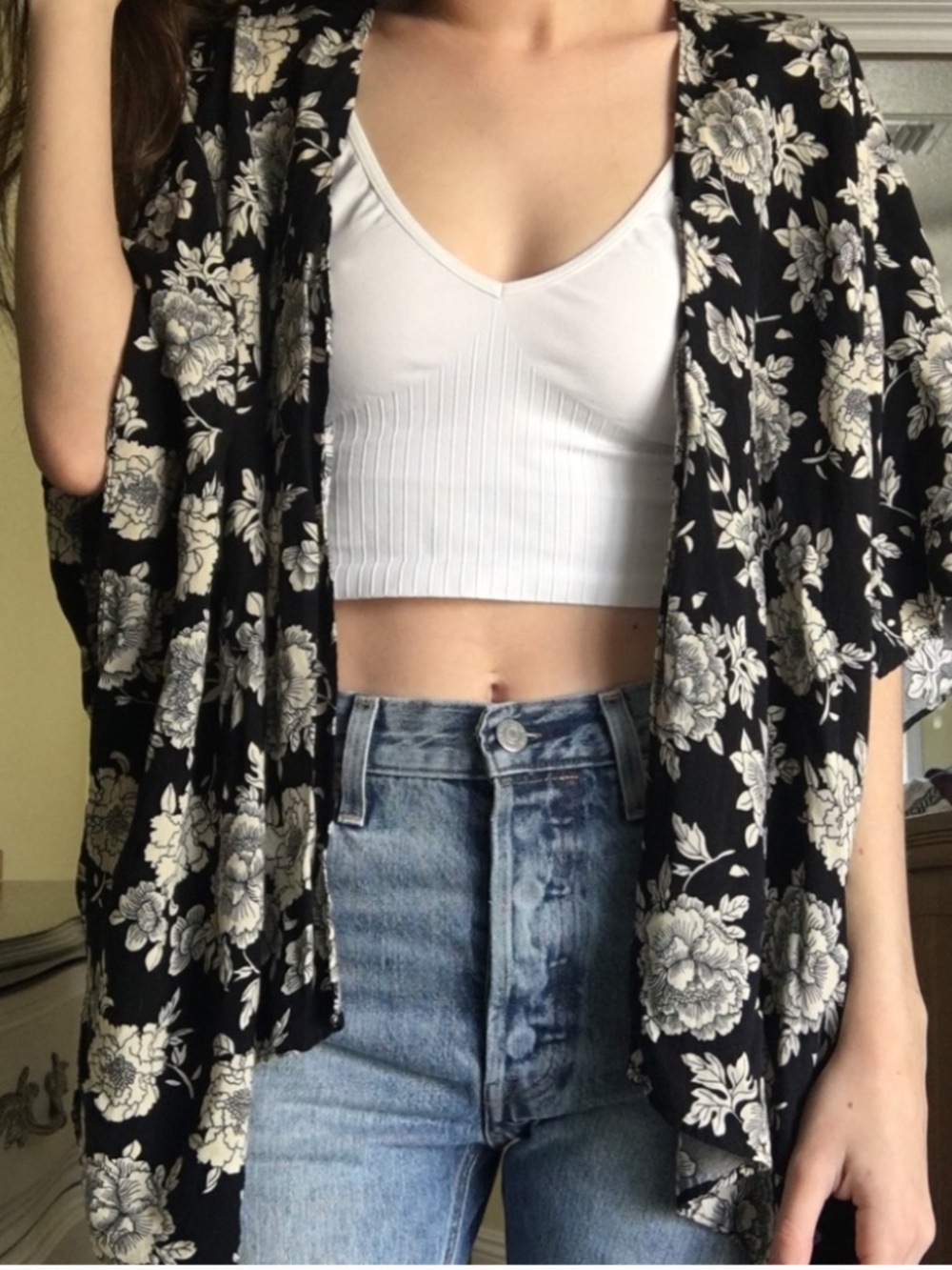 Brandy Melville Floral Kimono Black Cardigan OS